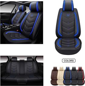 img 4 attached to 🚗 OASIS AUTO OS-003 Leather Car Seat Covers: Full Set, Blue – Premium Faux Leatherette Cushion Cover for Cars, SUVs, and Trucks