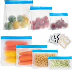 img 4 attached to Многоразовые пакеты для хранения Ziplock, 7 пакетов BPA Free PEVA Многоразовые пакеты для замораживания, многоразовые пакеты для хранения продуктов питания для сэндвичей, закусок, мяса, фруктов, с 12 наклейками для этикеток