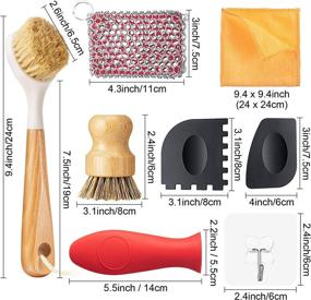 img 3 attached to 🧼 Set of 8 Cast Iron Cleaner Tools: Stainless Steel Chainmail Scrubber, Bamboo Handled Dish Scrub Brushes, Hot Handle Holder, 2 Pan Grill Scrapers, Kitchen Towel, Wall Hook