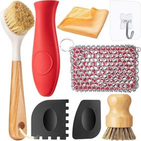 img 4 attached to 🧼 Set of 8 Cast Iron Cleaner Tools: Stainless Steel Chainmail Scrubber, Bamboo Handled Dish Scrub Brushes, Hot Handle Holder, 2 Pan Grill Scrapers, Kitchen Towel, Wall Hook