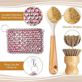 img 2 attached to 🧼 Set of 8 Cast Iron Cleaner Tools: Stainless Steel Chainmail Scrubber, Bamboo Handled Dish Scrub Brushes, Hot Handle Holder, 2 Pan Grill Scrapers, Kitchen Towel, Wall Hook