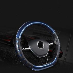 img 2 attached to FLKAYJM Universal Fit D-Type Car Steering Wheel Cover 37-38CM/15 Anti Slip Laser Brushed Leather Breathable Protector Car Accessory Heavy Duty Year Round Use For Truck SUV Van