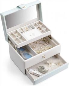 img 4 attached to Vlando Jewelry Box Organizer, 3-Layer Necklaces Earrings Rings Storage Case, One-Button Opening, Gift Packing, White And Mint Green Lite Version