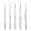 5-piece stainless steel lankiz tweezers set for volume lash extensions - straight & curved tips, fanning applicator - silver logo
