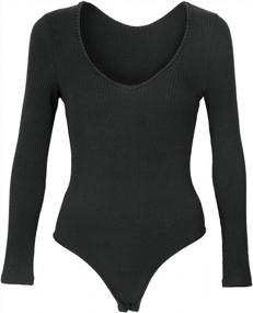 img 3 attached to Stretchy Ribbed Knit Thong Bodysuit Tops For Women, Featuring Deep V-Neck And Long Sleeves