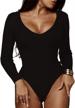 stretchy ribbed knit thong bodysuit tops for women, featuring deep v-neck and long sleeves logo