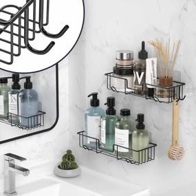 img 3 attached to Rustproof Stainless Steel Shower Caddy Shelf With Hooks And Adhesive Mounting, Bathroom Storage Organizer Wall Mounted For No Drilling, Set Of 2 Black Shelves By AmazerBath