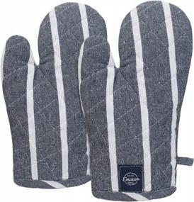 img 3 attached to Protect Your Hands With Encasa Homes Long 14 Inch Oven Microwave Gloves - Heat Resistant Mitts (2 Pc Set) For Cooking & Baking - Roma Navy Blue Stripes