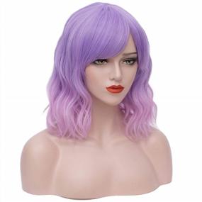 img 2 attached to Women'S Short Lavender Bob Wig With Bangs, Curly Wavy Ombre Pink For Party Halloween - Mersi S042PK