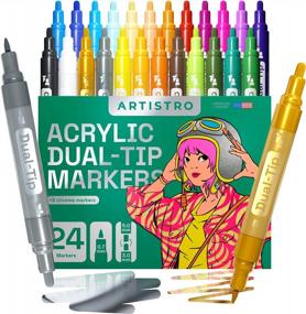 img 4 attached to ARTISTRO Acrylic Paint Pens 24 Dual Tip Markers With 2 Mirror Chrome Marker Gold & Silver Extra Fine And Medium Tip + Chisel, Acrylic Paint Markers For Rocks, Wood, Canvas, Glass, Plastic