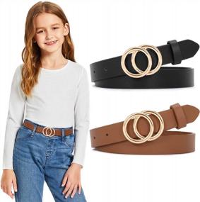 img 4 attached to 2 Pack Kids Leather Belts For Girls - Solid Colors Skinny Belt With Double O-Ring Buckles By SUOSDEY