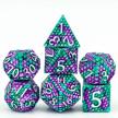metal dnd dice set with dragon scale design and leather bag - polyhedral dice for dungeons and dragons rpg (green purple-white) logo