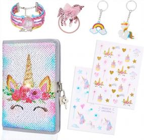 img 4 attached to MHJY Sequin Unicorn Diary With Lock And Key, Journal Notebook For Girls With Bracelet, Keychain, Stickers, And Hair Ties - Beautiful White Flower Unicorn Design