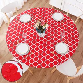 img 4 attached to Red Vinyl Tablecloth For 36"-44" Round Tables - Waterproof, Wipeable & Elastic Edged Flannel Backed Moroccan Trellis Design By Smiry