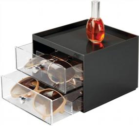 img 1 attached to Stackable Eyeglass Storage Organizer Box For Sunglasses, Reading Glasses, Accessories & Cleaning Cloths - 2 Drawers With Chrome Pulls - Clear & Black Plastic Design