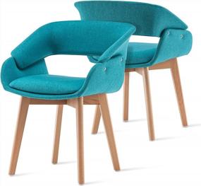 img 4 attached to Set Of 2 Modern Mid-Century Accent Armchairs In Teal Linen Fabric With Solid Wood Legs And Cushions, Ideal For Living Or Dining Room Guest Seating