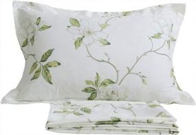 img 4 attached to Комплект постельного белья Twin XL FADFAY из 100% хлопка с белыми цветочными мотивами и зелеными листьями, 4 шт.