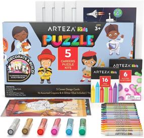 img 4 attached to Arteza Kids' Coloring Puzzle Set For Screen-Free Fun: Includes 5 Career-Themed Jigsaw Puzzles, 16 Crayons, 6 Glitter Glue Tubes, 5 Frames, Ideal Craft And Art Supplies For Kids Aged 3 And Up