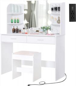 img 4 attached to Transform Your Bedroom With USIKEY'S Large Vanity Set: Lighted Mirror, Charging Station, Drawers, Shelves & Cushioned Stool