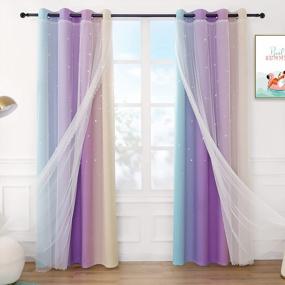 img 4 attached to Anjee Star Curtains For Girls Cutout Style 2 In 1 Double Layer Light Blocking Ombre Grommets Top Drape With Sheer Voile Gauze For Living Room Kids Bedroom 2 Panels 52 X 63 Inch, Blue Purple