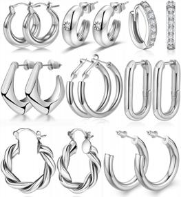 img 4 attached to 8-10 Pairs Delicate Gold Silver Hoop Earrings Set For Women, 14K Gold Plated Lightweight Hypoallergenic Thick Open Twisted Huggie Earrings For Girls
