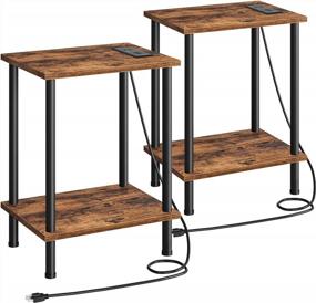 img 4 attached to Stay Connected And Organized With HOOBRO Rustic Brown Side Table Set: Equipped With USB Ports, Outlets, And 2-Tiered Storage Shelves For Small Spaces