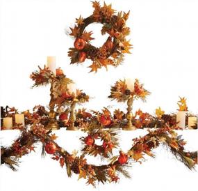 img 2 attached to Осенний венок с урожаем пшеницы, кленовыми листьями, ягодами и сосновыми шишками для декора на День Благодарения, разноцветный, включает пшеничные свечи