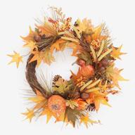 fall wreath with harvest wheat, maple leaves, berries, and pinecones for thanksgiving decor, multi-orange, includes wheat candles logo