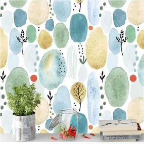 img 4 attached to HAOKHOME 93043 Watercolor Forest Peel And Stick Wood Wallpaper Cute White/Blue/Green Removable For Nursery Decorations 17.7In X 118In