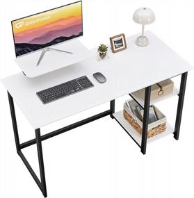 img 4 attached to Small White Computer Desk With Monitor Stand And Reversible Storage Shelves - Ideal For Home Office, Writing, And Study In Compact Spaces - GreenForest Desk