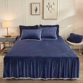 img 4 attached to LIFEREVO Royal Blue Luxury Velvet Diamond Quilted Fitted Bed Sheet 3 Side Coverage 18 Inch Drop Dust Ruffle Bed Skirt With Pompoms Fringe (Queen, Navy)