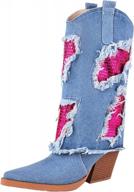 stylish women's rhinestone denim cowgirl boots with chunky heel and mid-calf length logo