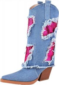 img 4 attached to Stylish Women'S Rhinestone Denim Cowgirl Boots With Chunky Heel And Mid-Calf Length