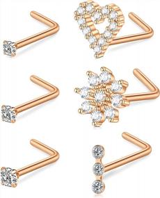 img 4 attached to Surgical Steel Nose Studs Set With Diamond Flower And Heart L-Shaped Nose Rings, 20G Nose Piercing Jewelry For Women, Nose Screws And Nose Rings In Silver And Rose Gold Tones - MODRSA