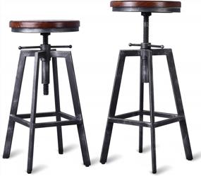 img 4 attached to Промышленные поворотные барные стулья с регулируемой высотой и деревянным сиденьем - набор из 2 штук для кухни или столовой