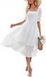 stylish and flattering women's summer boho dress with swiss dot and tie back detail logo