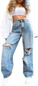 img 2 attached to Женские синие мешковатые рваные джинсы с высокой талией и хлопковой отделкой, широкие брюки в уличном стиле