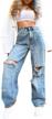 women's blue baggy ripped jeans - high waisted cotton trim wide leg streetwear style logo