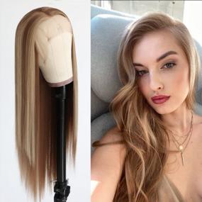 img 4 attached to 22 Inch Blonde Highlight Synthetic Lace Front Wig - Pre-Plucked Long Straight Hair Replacement Wig For White Women With Glueless Design - Brown Mixed Blonde Color By Oxeely