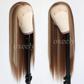 img 2 attached to 22 Inch Blonde Highlight Synthetic Lace Front Wig - Pre-Plucked Long Straight Hair Replacement Wig For White Women With Glueless Design - Brown Mixed Blonde Color By Oxeely