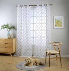 img 4 attached to MIUCO White Sheer Embroidery Trellis Design Grommet Curtains 95" Long For French Doors - 2 Panels (2 X 37" Wide)