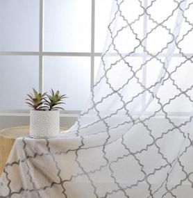 img 2 attached to MIUCO White Sheer Embroidery Trellis Design Grommet Curtains 95" Long For French Doors - 2 Panels (2 X 37" Wide)