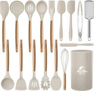 bpa free non toxic набор из 17 силиконовых кухонных принадлежностей с деревянными ручками и держателем - turner tongs spatula spoon гаджеты для посуды с антипригарным покрытием от mibote (хаки) логотип