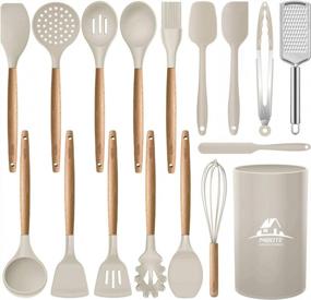 img 4 attached to BPA Free Non Toxic 17 Pcs Silicone Kitchen Utensils Set With Wooden Handles And Holder - Turner Tongs Spatula Spoon Gadgets For Nonstick Cookware By MIBOTE (Khaki)