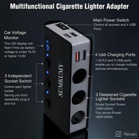 img 2 attached to SUMKUMY Cigarette Lighter Adapter 3 Socket with Quick Charge 3.0 & 4 USB Ports: 180W Car Splitter for GPS, Dash Cam, Sat Nav, Phone, Tablet - LED Display Voltage & On/Off Switch