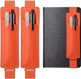 img 4 attached to Diodrio 2-Pack Adjustable Elastic Band Pen/Pencil Holder Pouch For Notebooks And Tablets - PU Leather In Vermilion Orange