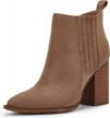faux leather ankle booties for women with stacked block heel, pointed toe, and slip-on design logo