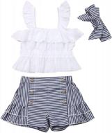 cute and comfy toddler girl summer outfit: sleeveless crop top, ruffled shorts, and headband set logo