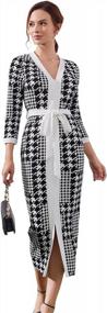 img 4 attached to WDIRARA Women'S Houndstooth Plaid V Neck Split Hem Belted Button Long Sleeve Bodycon Church Pencil Maxi Dress