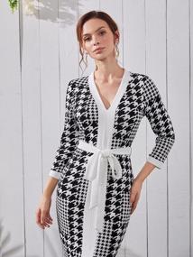 img 2 attached to WDIRARA Women'S Houndstooth Plaid V Neck Split Hem Belted Button Long Sleeve Bodycon Church Pencil Maxi Dress